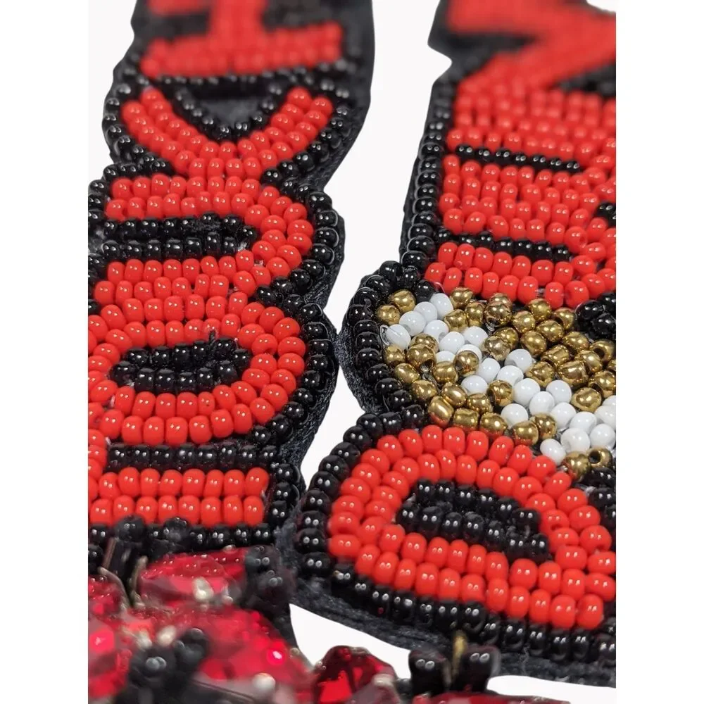 Novelty Football Earrings Beaded Touch Down Dangles Red Rhinestones Sporty Funky